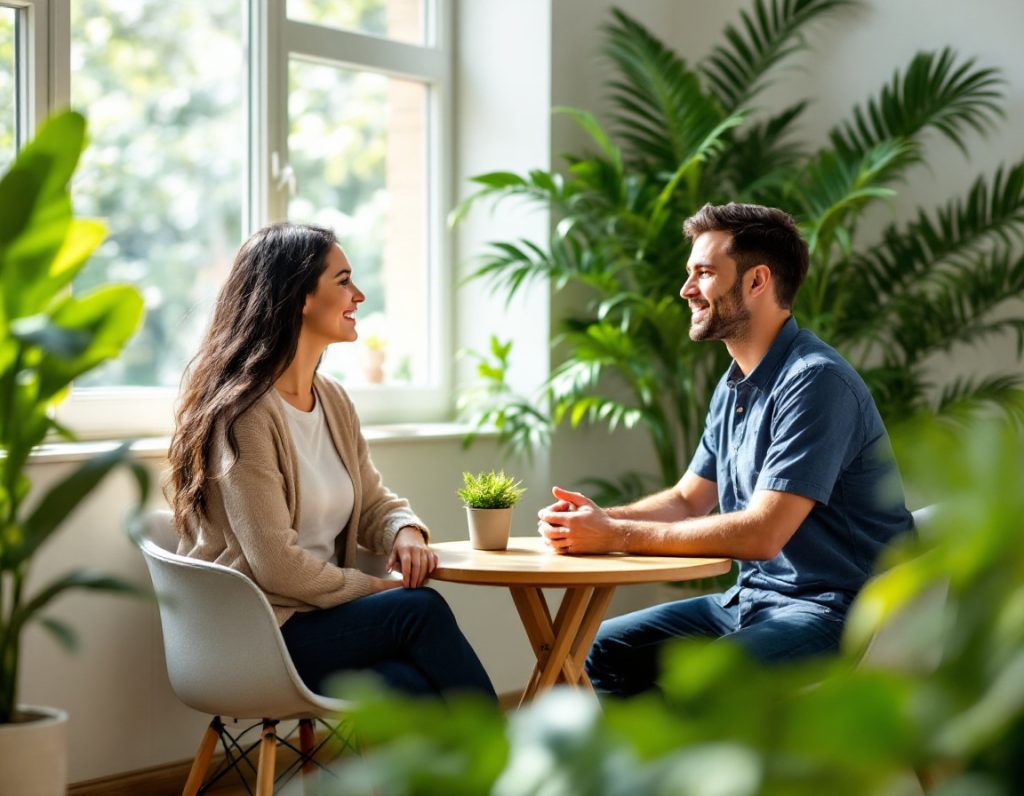A woman and a man talking across a small table in a bright, plant-filled room