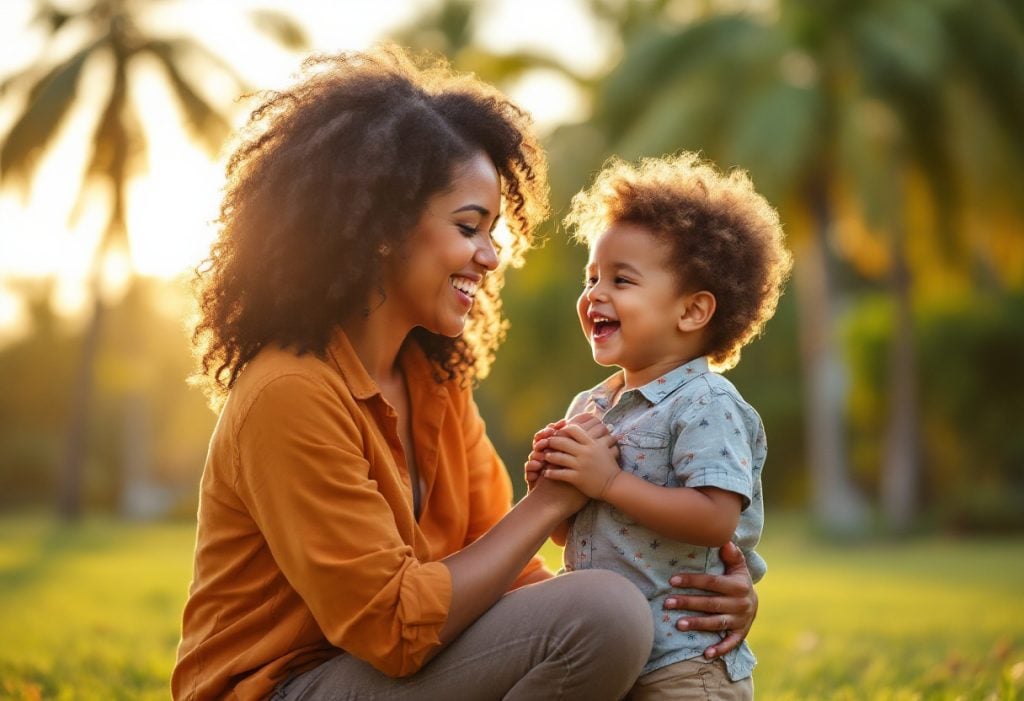 A mother kneeling in a sunny park, holding hands with her laughing young son