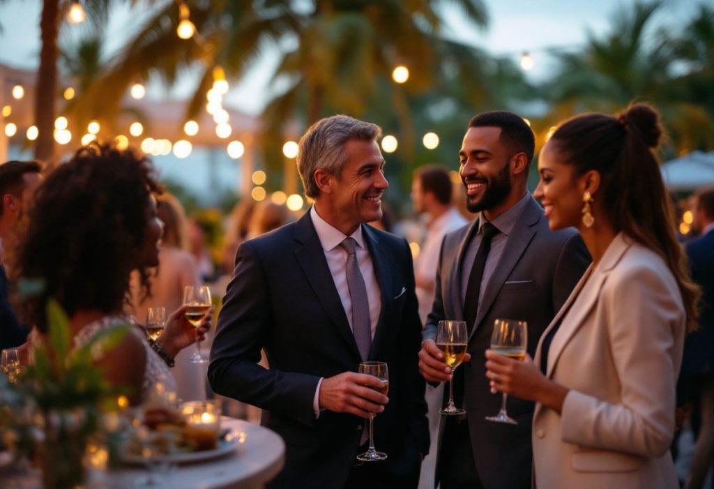 Guests talking and laughing at an evening reception under string lights