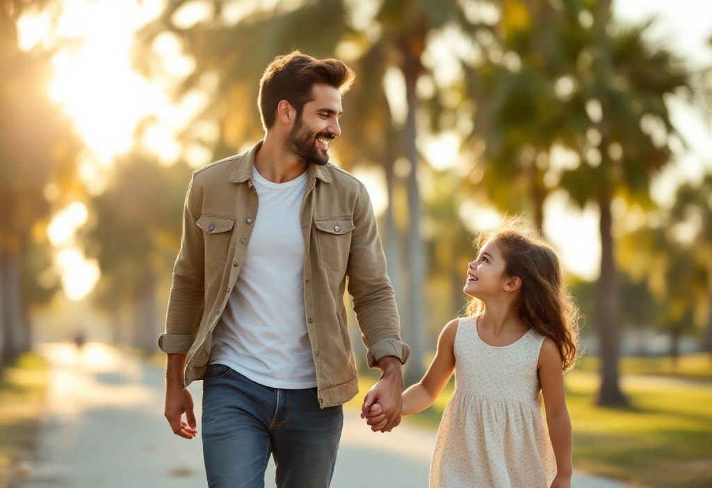 A father walking hand in hand with his young daughter under palm trees