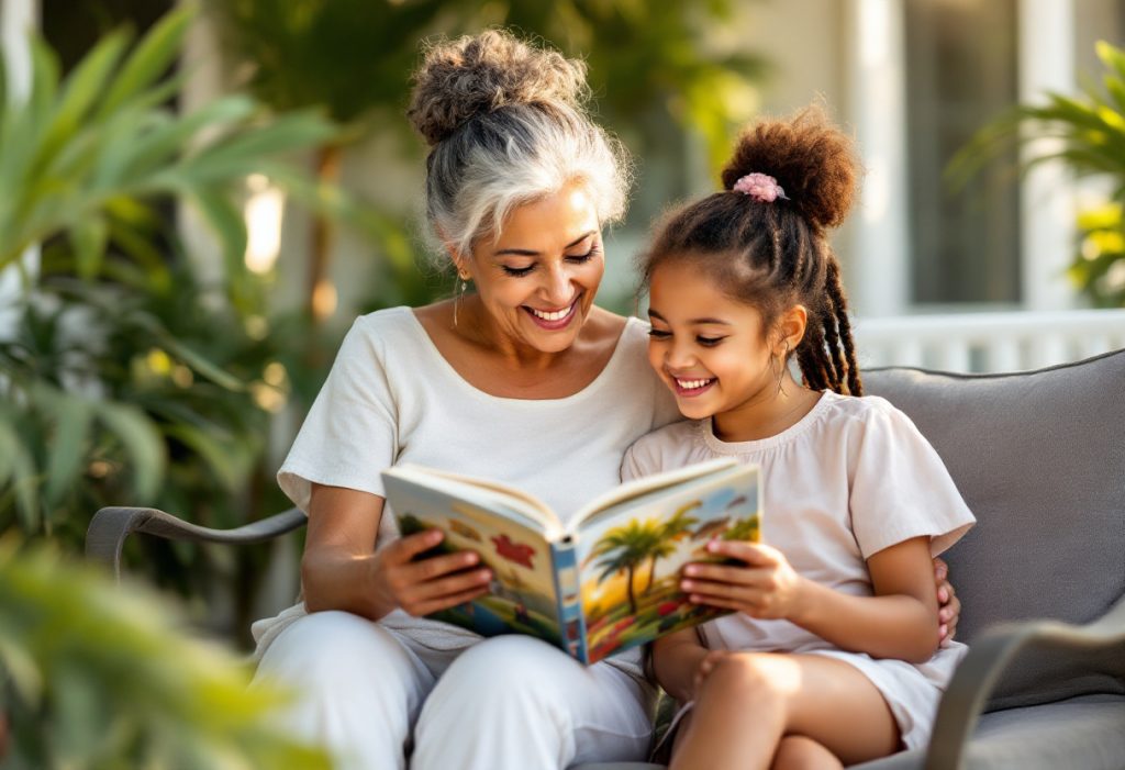 A grandmother and her granddaughter laughing while reading a picture book on a sunny porch