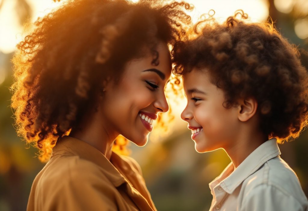 A mother and her young son smiling at each other in golden evening light