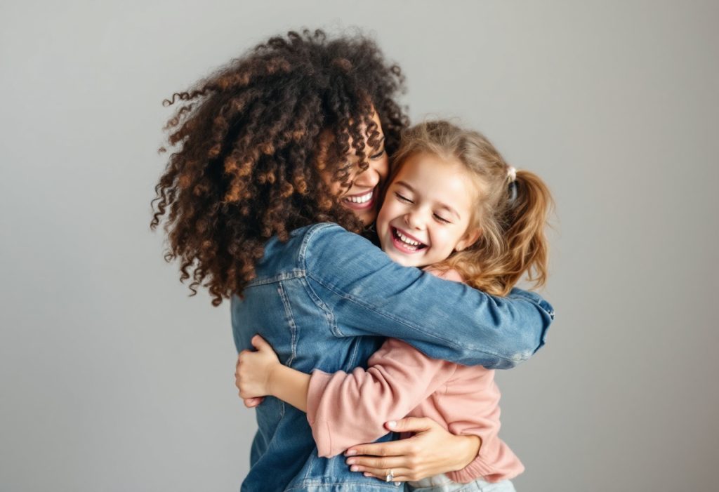 A mother hugging her laughing daughter